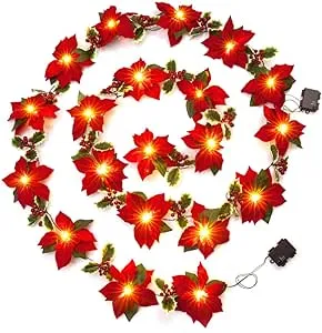 2PK 6FT Christmas Pre Lit Decoration Garland Poinsettia Garland with Red Berries & Holly Leaves, Christmas Garland,Artificial Poinsettia Garland(Red)