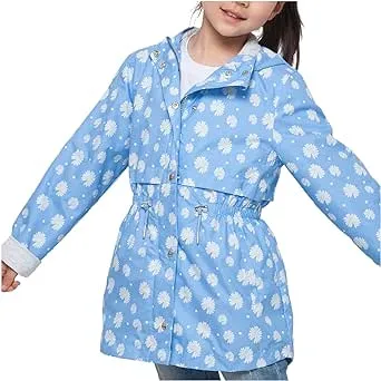 Rokka&Rolla Girls' Hooded Rain Jacket Lightweight Windbreaker Dress Trench Coat