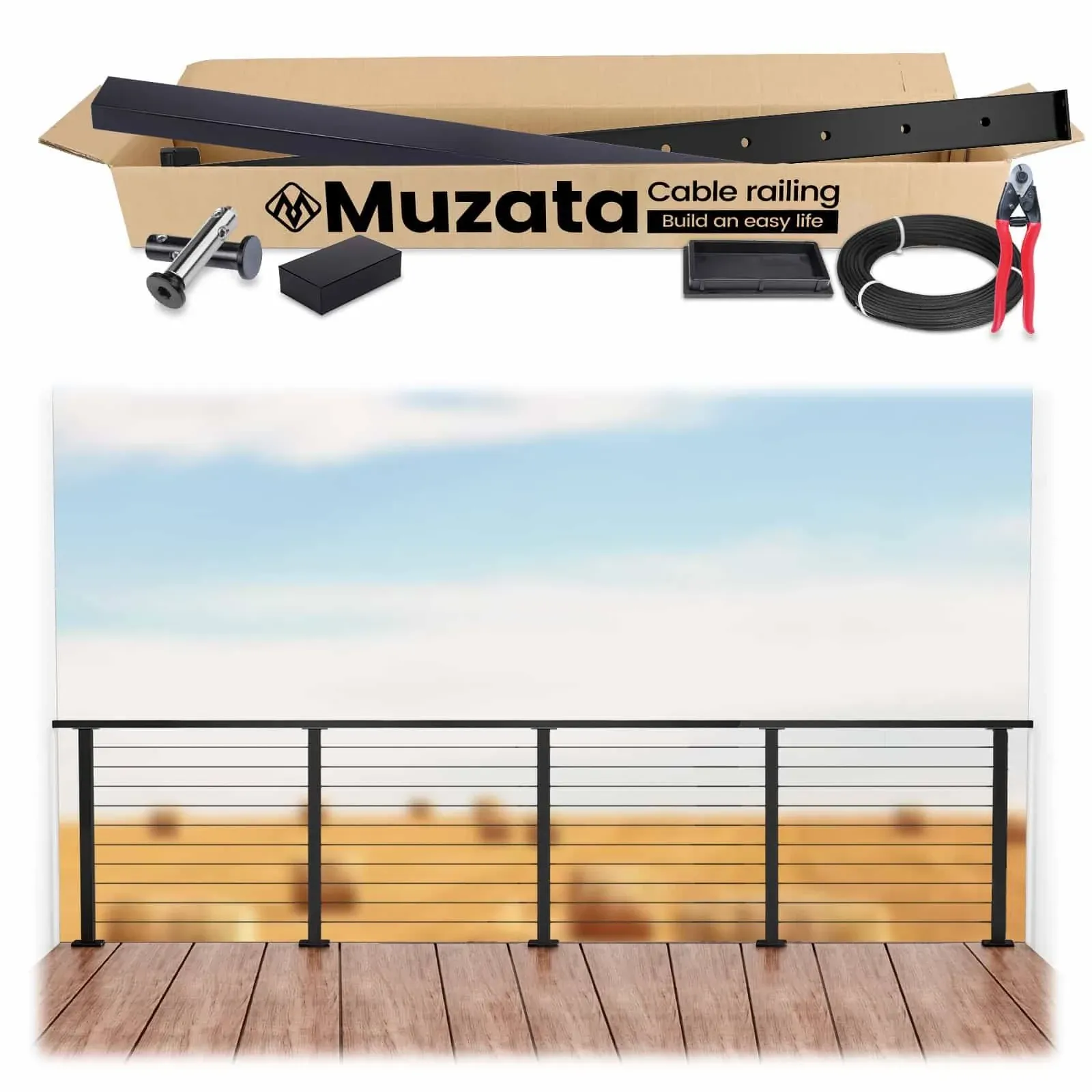 Muzata 36" 13ft Black Surface Mount All-in-One Cable Railing System