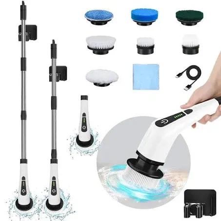 Electric Spin Scrubber, Cordless Cleaning Brush, Shower Cleaning Brush with 7 Replaceable Brush Heads, Power Scrubber 2 Speed with 3 Adjustable & Detachable Long Handle for Bathroom Shower Car