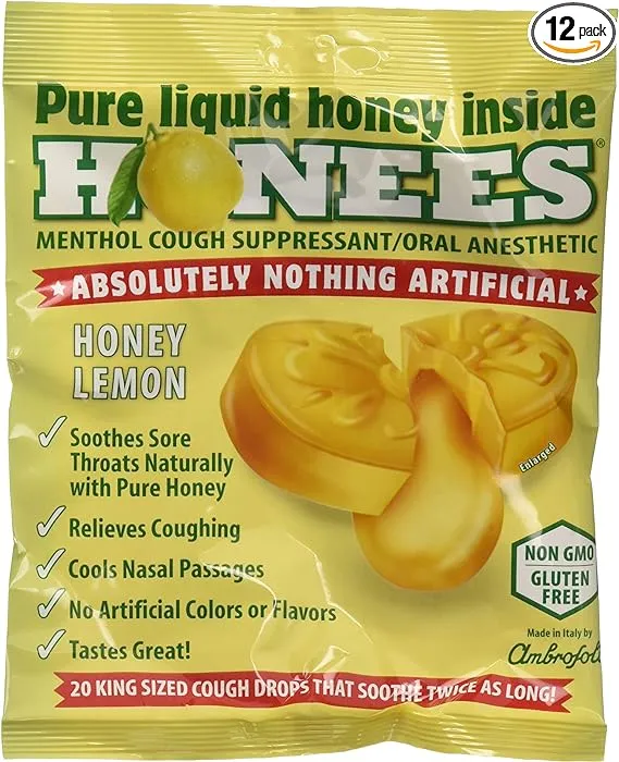 Honees Honey Lemon Cough Drops - 20-Piece, Pack of 12 Honey-Filled Lozenges | Temporary Relief from Cough | Soothes Sore Throat | All Natural