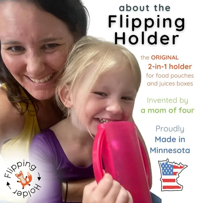 Original Squeeze Proof Flipping Holder with Open Bottom for Food Pouches & Juice Boxes - Multipurpose - Prevent Messes & Support Self-Feeding - Easy Grasping Handles - Made in USA