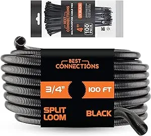 BEST CONNECTIONS 100 Ft – 3/4" Diameter Split Wire Loom Flex-Guard Convoluted Tubing with 100 Pcs x 4" Nylon Cable Zip Ties – Protective Split Cable Sleeves/Conduit – Black