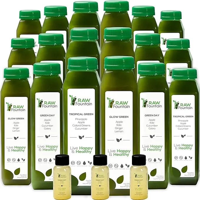 Raw Fountain 1 Day Juice Cleanse, All Natural Detox Cleanse, Cold Presssed Fruit and Vegetable Juice, Liquid Juice Diet, Tasty and Energizing, 6 Bottles 12oz, 3 Ginger Shots