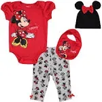 Minnie Mouse Bodysuit Pants Bib and Hat 4 Piece Outfit Set | imagikids Baby and Kids Clothing Newborn / Red