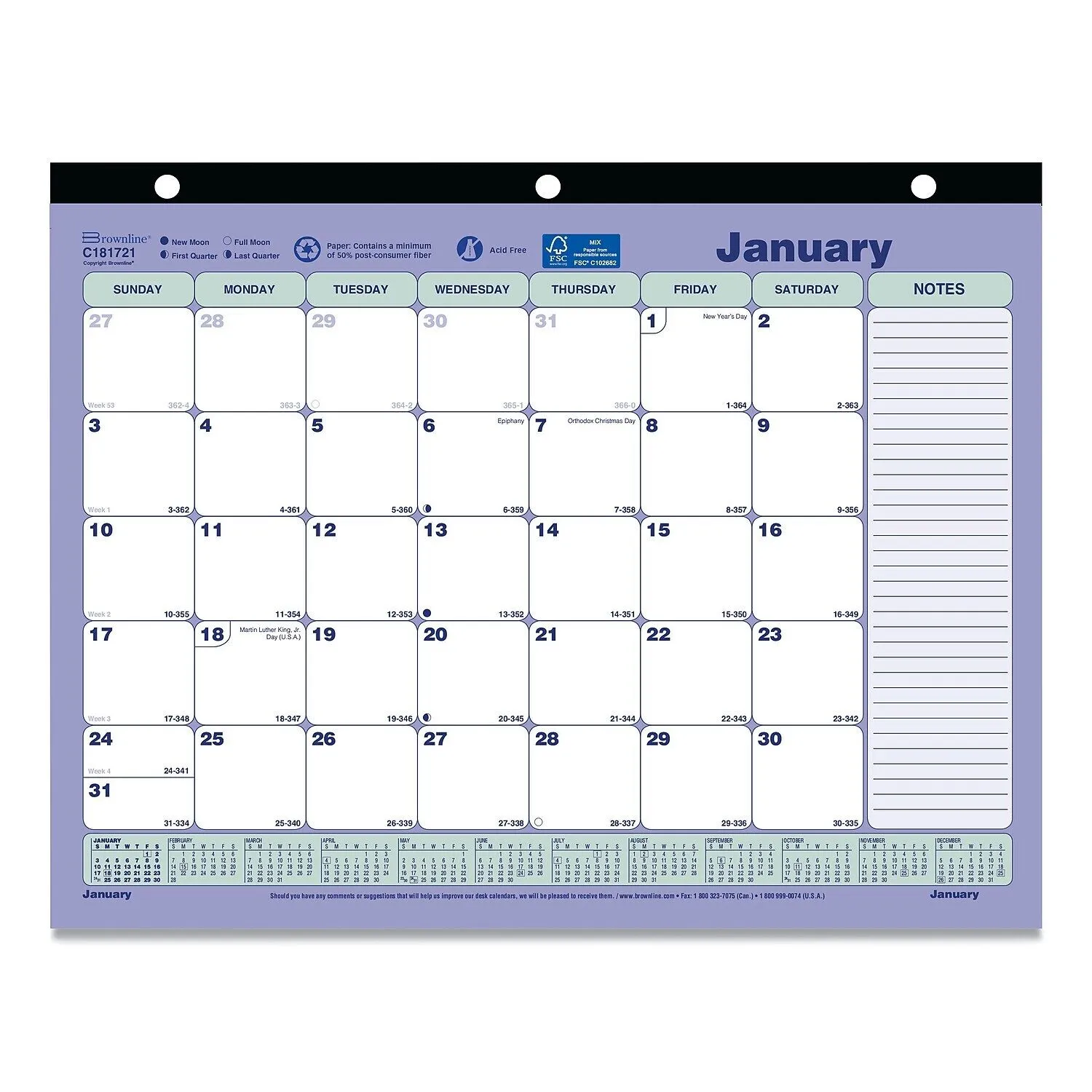 2024 Brownline 11 x 8.5 Monthly Desk Pad Calendar White/Blue/Gre<wbr/>en Sheets Black