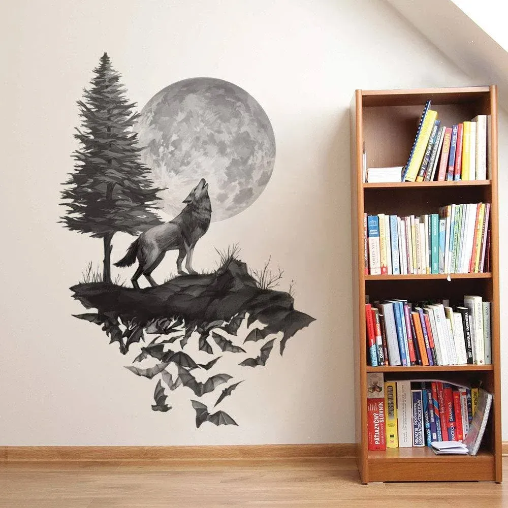 Runtoo Wolf Wall Decals Moon Wall Art Stickers Bedroom Living Room Kids Nursery Black Wall Décor