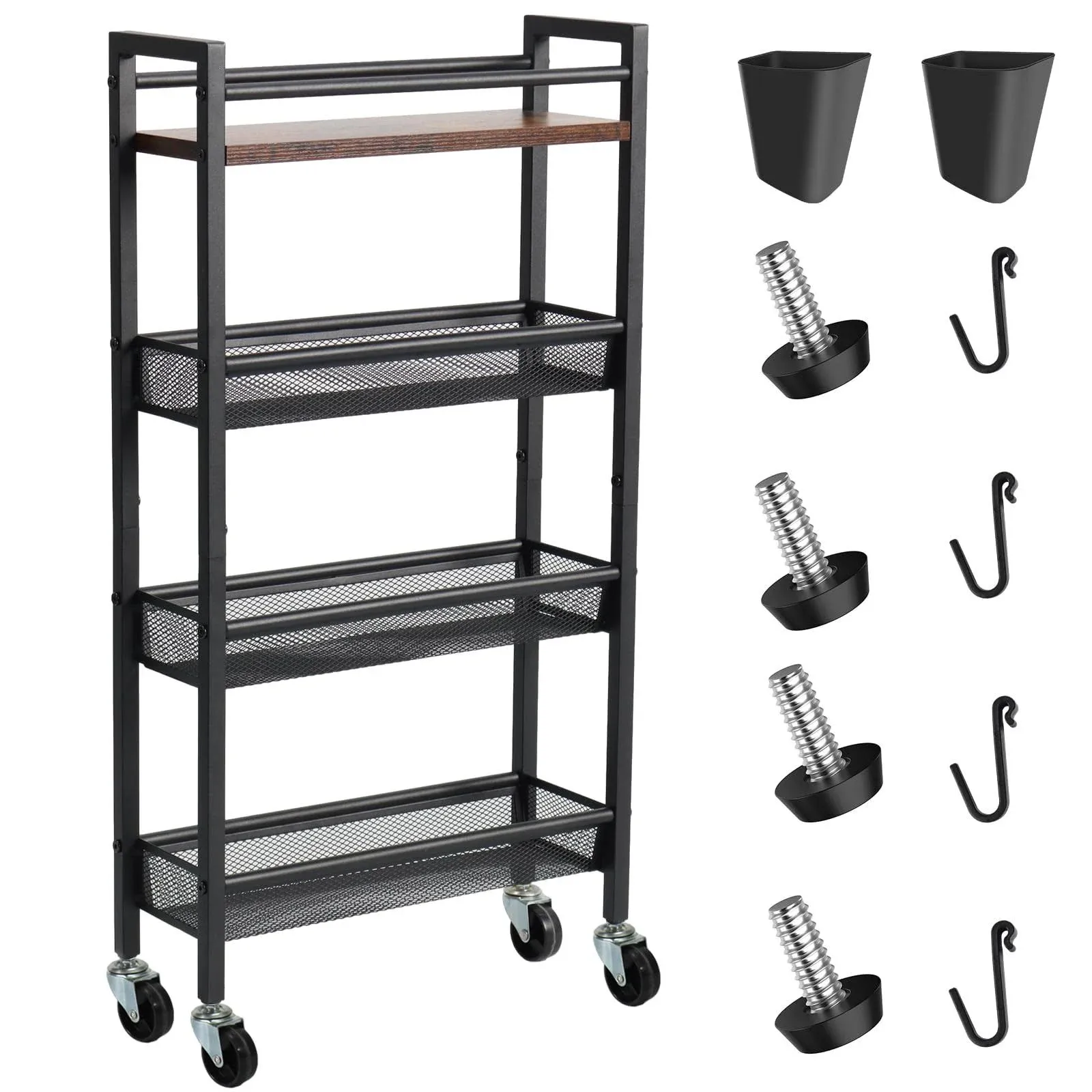 4 Tier Slim Storage Cart, Narrow Shelving Unit , Rolling Cart with Wooden Top