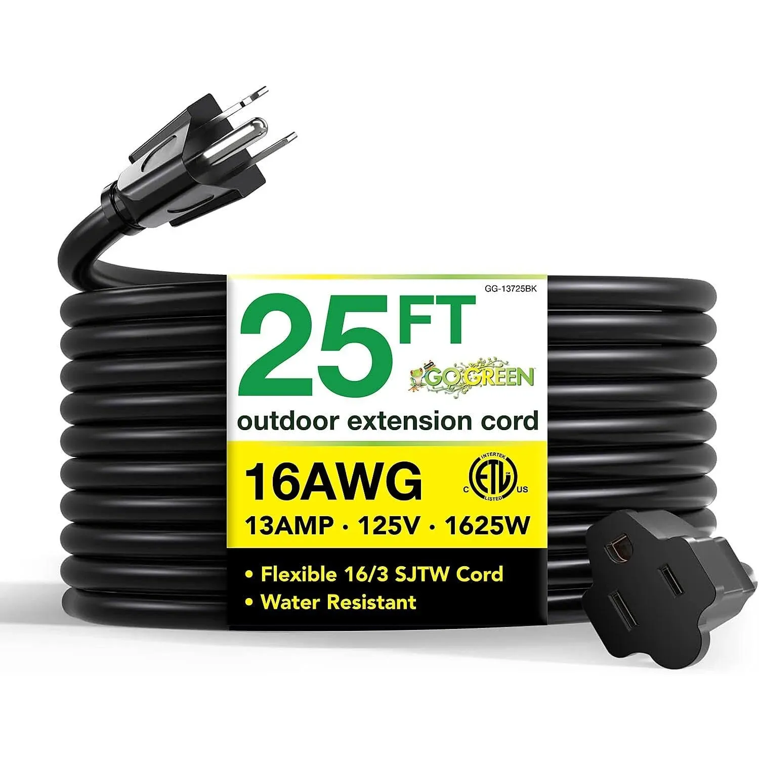 GoGreen Power GG-13825BK - 14/3 25 ft&#039; SJTW Outdoor Extension Cord - Black