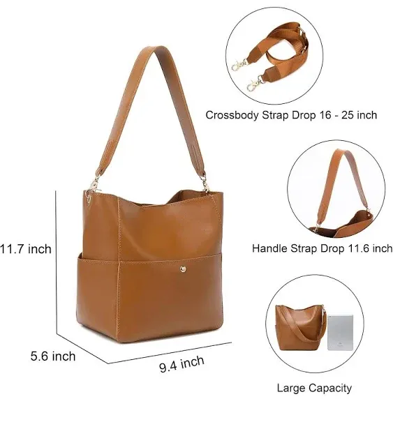 Bucket Purses for Women Designer PU Leather Bucket Bags With 2 Adjustable Guitar Strap Hobo Bags for Women