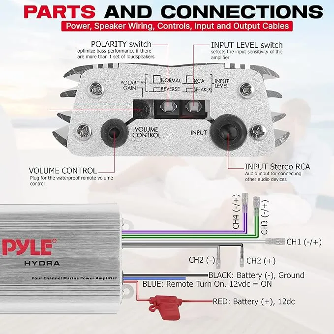 Pyle Hydra Marine Amplifier - Upgraded Elite Series 400 Watt 4 Channel Micro Amplifier - Waterproof, GAIN Level Controls, RCA Stereo Input, 3.5mm Jack, MP3 & Volume Control (PLMRMP3A)