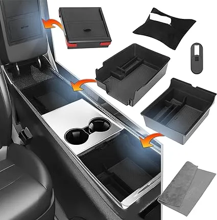 MORKOO Set of 6 Tesla Model 3/Y Accessories, Center Console Organizer Front Console Tray, Armrest Console Organizer Rear Console Tray and Hidden Storage Box - Compatible for 2021-2024 Tesla Model Y/3