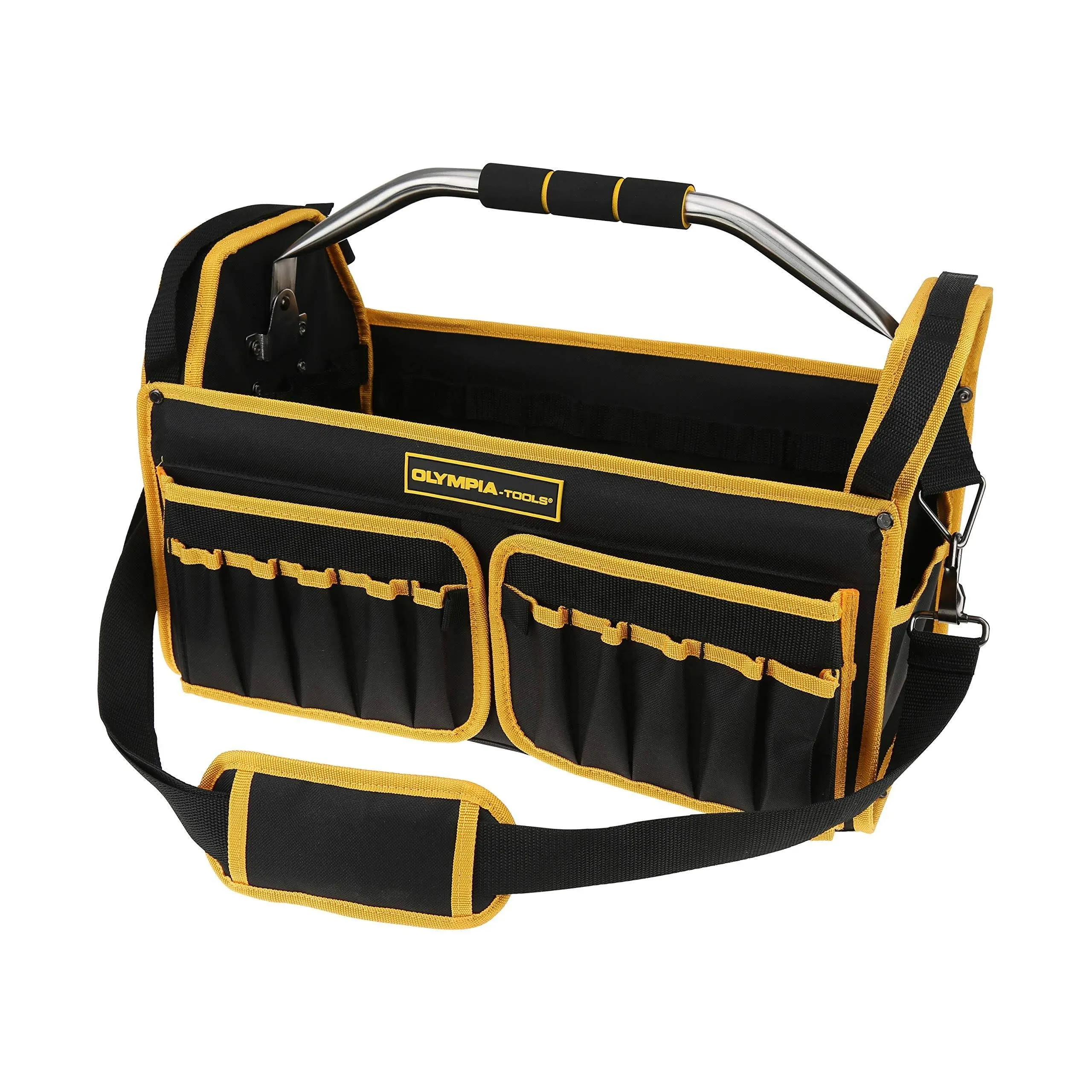 Olympia Tools 87-745 Open Top with Steel Handles and Shoulder Strap Tote Tool Bag, 18-1/2 Inch, Black and Yellow, 44 Pockets inside & outside