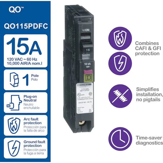 Square D QO 15-amp 1-Pole Dual Function AFCI/GFCI Plug-on Neutral Circuit Breaker