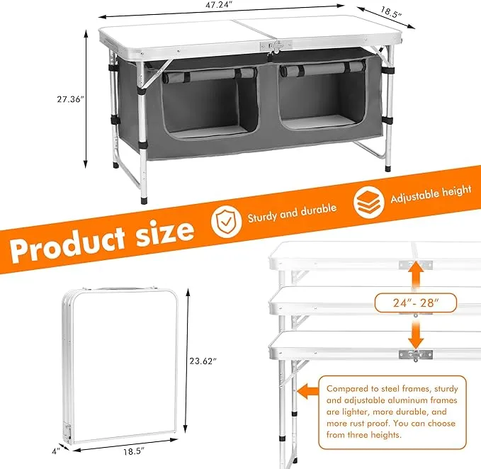 Camping Folding Aluminum Table with Adjustable Legs for Outdoor Travel Beach, Backyards, BBQ, Party and Picnic Foldable Table