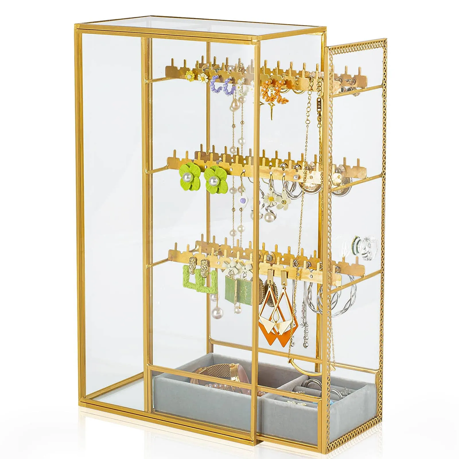 Glass Earring Holder Organizer, Jewelry Organizer Earrings Holder with Hanging Hook, Glass Earring Display Box for Necklace Ring Storage