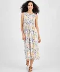 Tommy Hilfiger Sleeveless Smocked Floral Dress Women's Dress Ivory Multi : XS