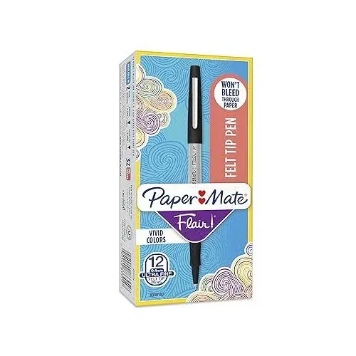 Paper Mate Flair Felt Tip Pens, Ultra Fine Point (0.4mm), Black, 12 Count