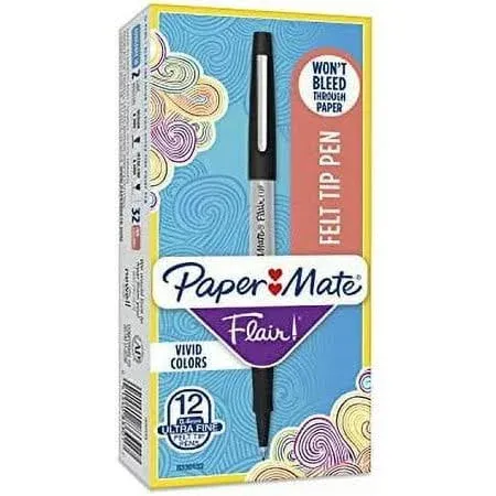 Paper-Mate Paper Mate Flair Felt Tip Pens, Ultra Fine Point (0.4mm), Black, 12 Count, New