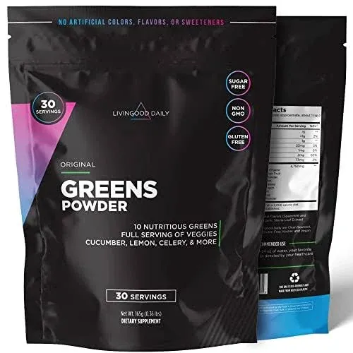 Livingood Daily Greens Powder (Original) - Green Juice Powder Supplement with Spirulina, Chlorella, Broccoli, Spinach for Energy & Digestive Support - Powdered Super Greens for Gut Health, 30 Servings