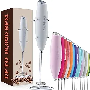 Powerful Handheld Milk Frother, Mini Milk Foamer, Battery Operated Stainless Steel Drink Mixer with Frother Stand