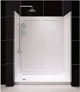 DreamLine 30 in. D x 60 in. W x 76 3/4 in. H Left Drain Acrylic Shower Base and QWALL-5 Backwall Kit In White, DL-6189L-01