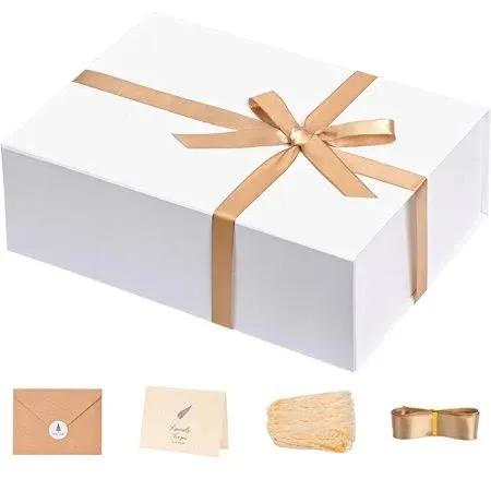 LIFELUM Magnetic Gift Box 13 x 10 x 5 inch Birthday Day White Gift Box with Lids for Presents Contains Card, Ribbon, Shredded Paper Filler Easter Gift