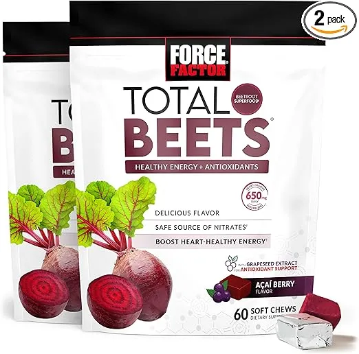 Force Factor Total Beets Soft Chews with Beetroot, Nitrates, L-Citrulline, Grapeseed Extract, & Antioxidants, Healthy Energy Supplement with Elite