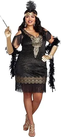 Dreamgirl Adult Womens Plus Size Flapper Dress Costume, 20s Great Gatsby, Swanky Flapper Halloween Costume, Black/Gold