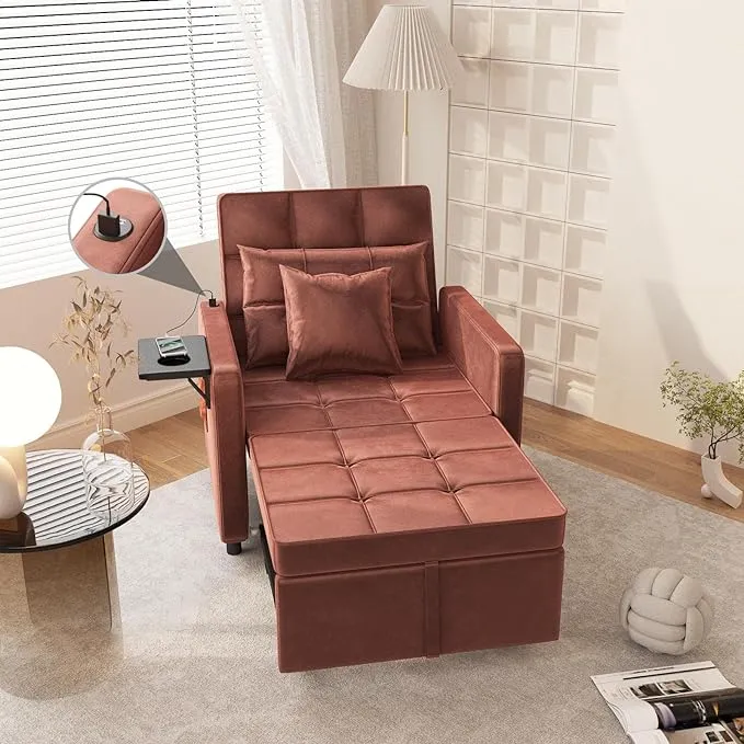 Sofa Bed Chair with Wing Table and USB Ports, Velvet / Brown