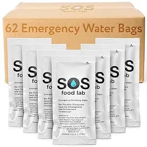 S.O.S. Emergency Water 5 year shelf life - 62 Individual 4.22 Oz Packets (With Tips)