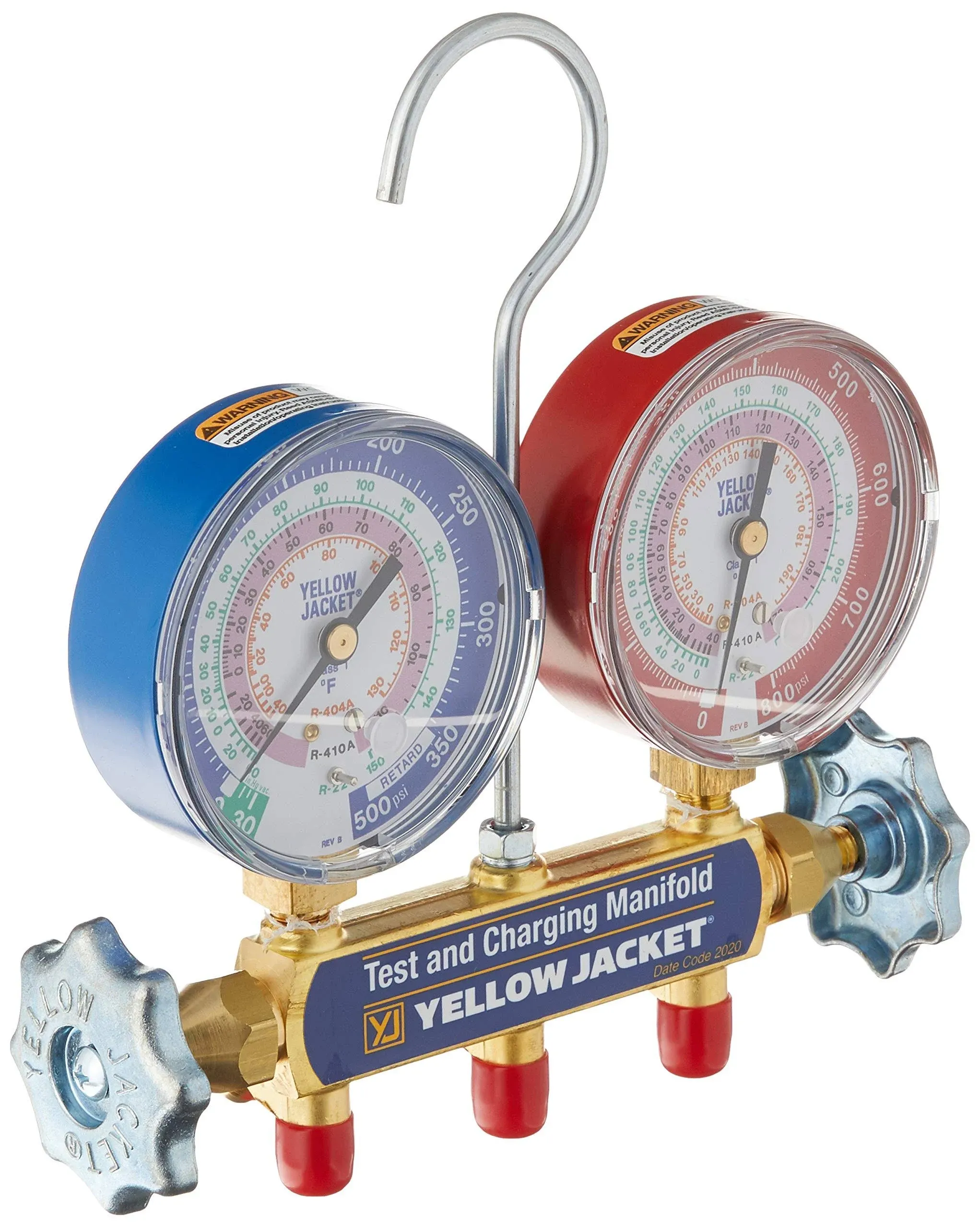 Yellow Jacket 42001 Manifold with 3-1/8&#034; Color-Coded Gauges, psi, R-22/404A/410A