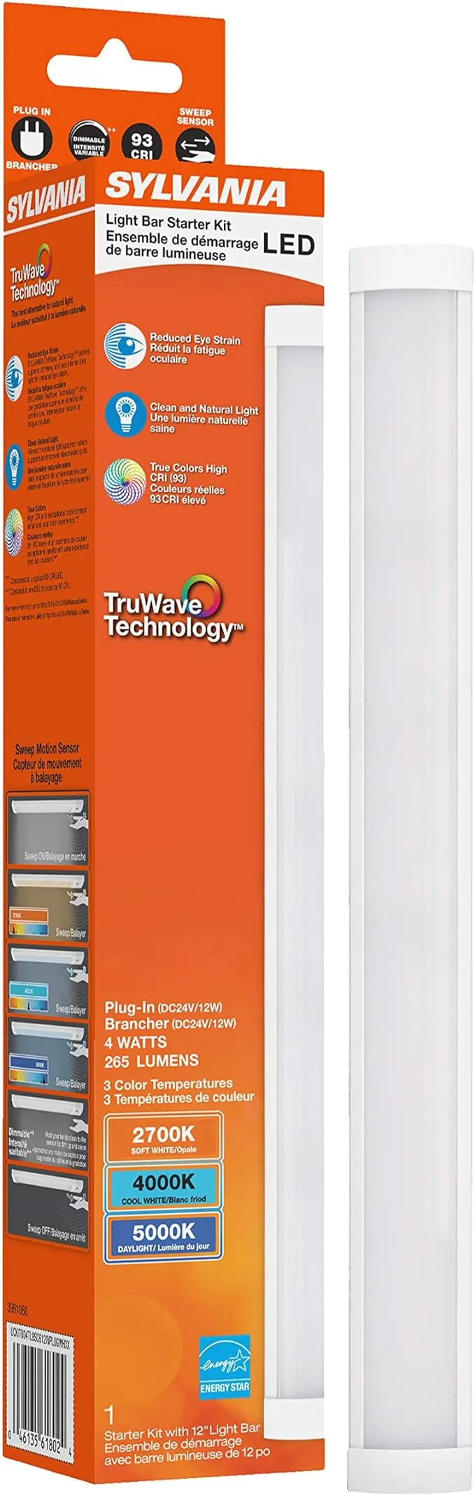 SYLVANIA TruWave Natural Series 3-Way Selectable 9" LED Under Cabinet Light Starter Kit, Soft / Cool / Daylight, Plug-in Adapter - 1 pack