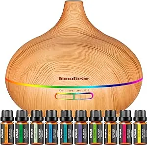 InnoGear Aromatherapy Diffuser & 10 Essential Oils Set, 400ml Diffuser Ultrasonic Diffuser Cool Mist Humidifier with 4 Timers 7 Colors Light