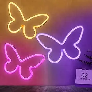 BRIGHTDECK 3 Pcs Butterfly Neon Signs, Neon Light for Bedroom, USB or 3-AA Battery Powered LED Neon Signs Wall Decor, Neon Li