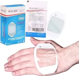 Transparent Film Dressing, 2 3/8" X2 3/4" Box of 100 Waterproof Wound Bandage Adhesive Patches, Post Surgical Shower O