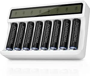 POWEROWL 2800mAh Rechargeable AA Batteries with Smart 8 Bay Battery Charger, Low Self Discharge Ni-MH Double A Batteries, 8 Count