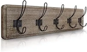 HBCY Creations Weathered Rustic Coat Rack Wall Mount with 5 Hooks, Solid Pine Wood 24 inch Wall Hooks for Entryway, Mudroom, Hallway, Bathroom - Vintage Farmhouse Style Wall Mounted Towel Rack