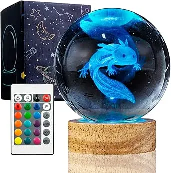 3D Axolotl Crystal Ball Night Light with 16 Color LED Wooden Base, Upgraded 3.15 Inch Axolotl Glass Ball Lamp with Remote Control Cool Desk Decor Gifts for Kids Girls Boys Friends Fans