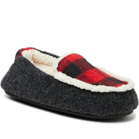 Dearfoams Kid's Unisex Hunter Felted Microwool and Plaid Moccasin Slipper