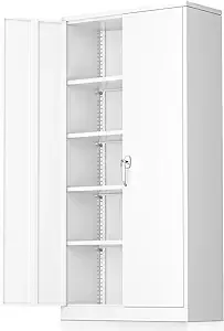 Greenvelly Metal Garage Storage Cabinet, White Steel Lockable Cabinet with 2 Doors and 4 Adjustable Shelves,Utility Metal Filing Cabinet with Lock