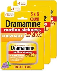 Dramamine Motion Sickness Relief for Kids Chewable Grape 8 Count Pack of 3