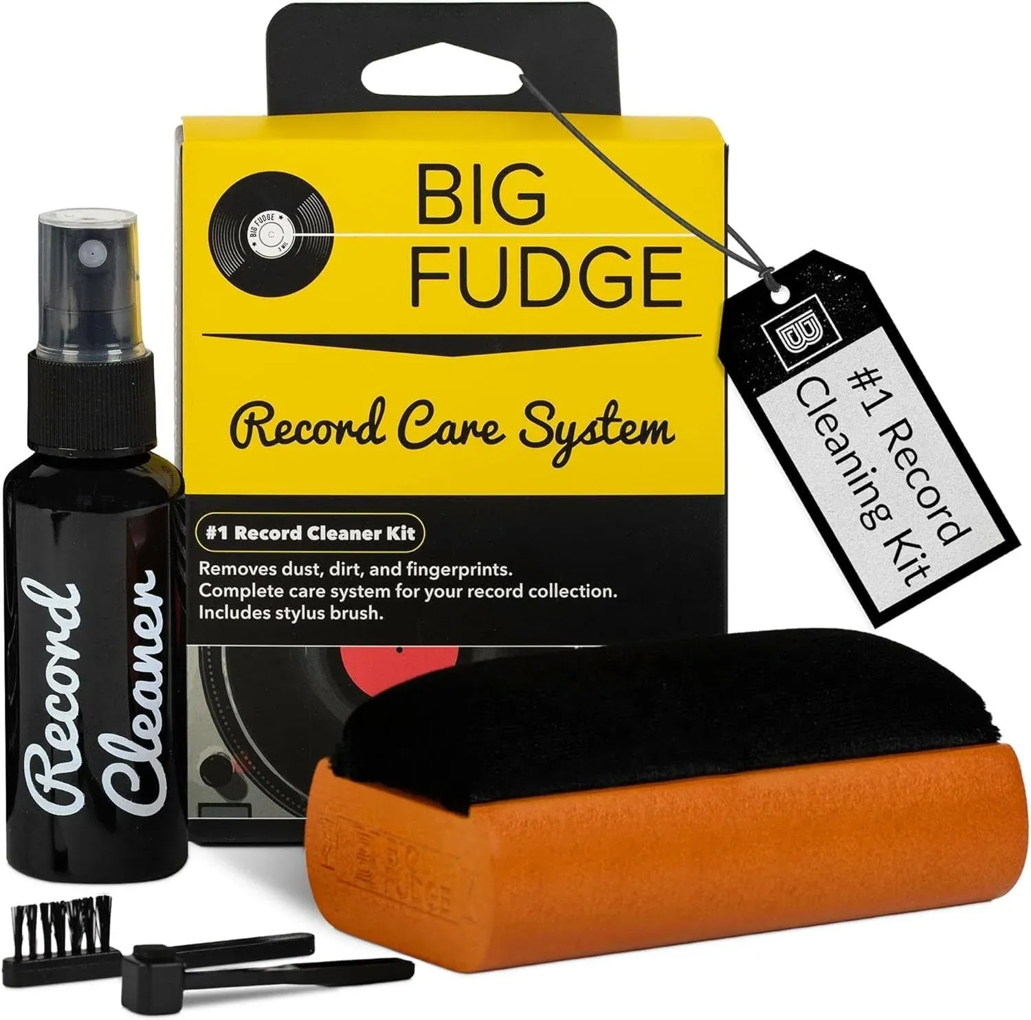 Big Fudge Vinyl Record Cleaning Kit - 4-in-1 Record Cleaner Solution - Includes Ultra-Soft Velvet Record Brush, Cleaning Liquid, Stylus Brush and Storage Pouch