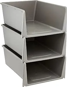 Stackable Storage Containers with Open Front, 3 Pack, Great Organizing Bins for Pantry, Closet, Bedroom, and all Storage, Grey, 15.2” x 10.6” x 6.0”