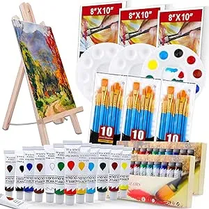 Acrylic Painting Set with 1 Wooden Easel 3 Canvas Panels30 pcs Nylon Hair Brushes 3 PCS Paint Plates and 2 PCS of 12ml Acrylic Paint for Acrylic Painting Artist Professional Kit