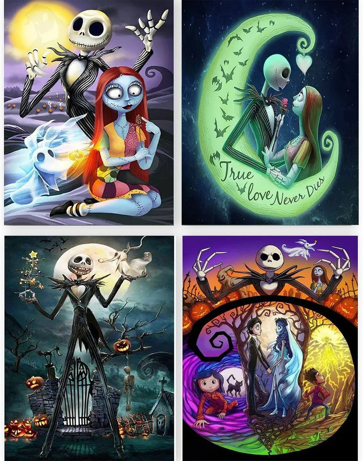 GemZono 4 Pack Diamond Painting Kits for Adults DIY 5D Jack&Sally Halloween Diamond Art Paint with Round Diamonds Full Drill Nightmare Gem Art Painting Kit for Home Wall Decor Gifts(12x16inch)