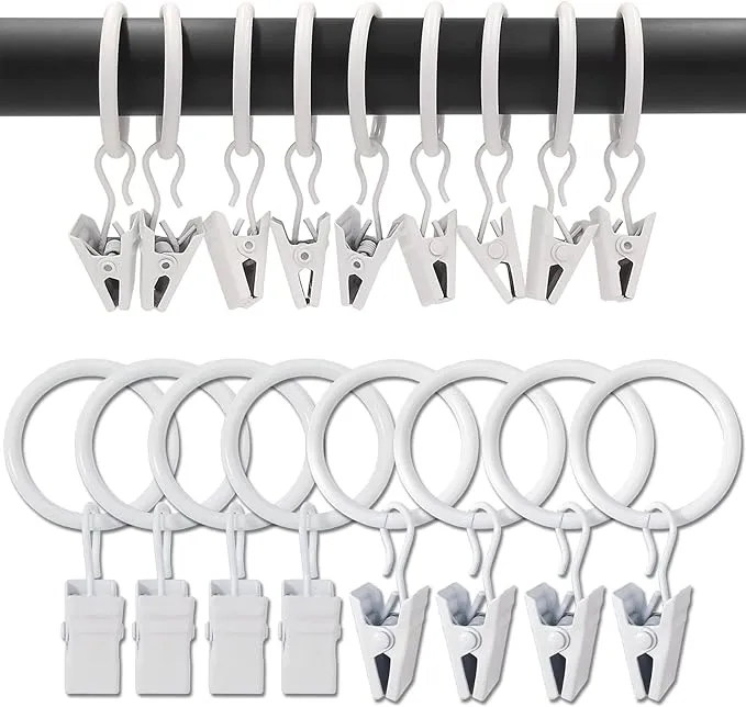 AMZSEVEN 44 Pack Metal Curtain Rings with Clips, Drapery Clips with Rings, Drapes Rings 1 in I D, Fits Diameter 6/8 in Curtain Rod, White