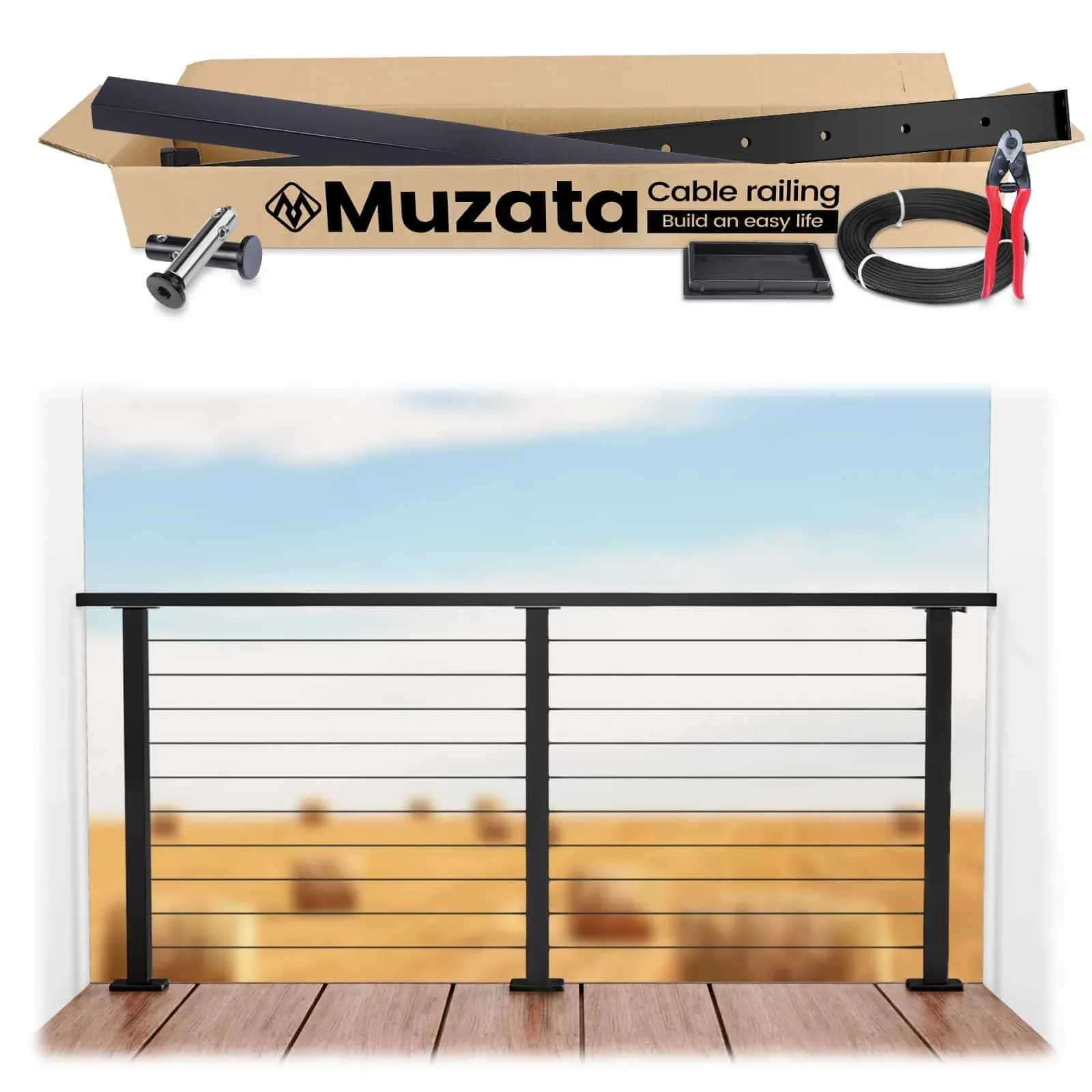 Muzata 3'-6'6 Complete Set Cable Railing System 36 Black Stainless Steel Cable Railing Post with Cable Rail Handrail Super Easy Length