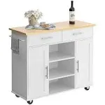 Shintenchi Kitchen Storage Island Cart with 3 Open Shelves, 2 Drawers and 2 Cabinets, Kitchen Cart On Wheels with Handle/Towel Rack, White