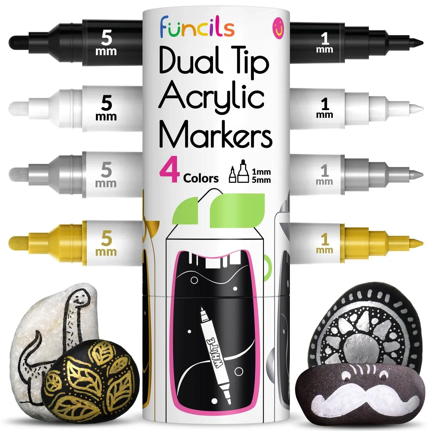 4 Dual Tip Acrylic Paint Pens - Fine Tip &amp; Medium Permanent &amp; Waterproof - Ac...